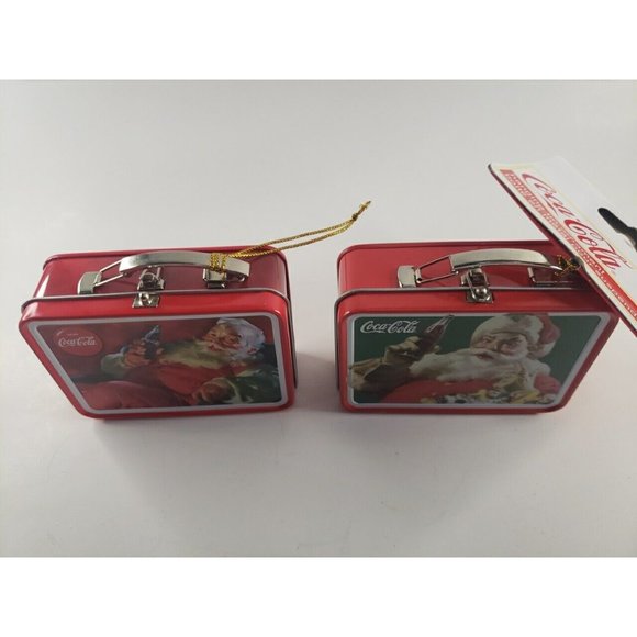 Two Tin Lunch Pail Coca Cola Collectible Christmas Tree Ornaments Santa Claus - Picture 2 of 5